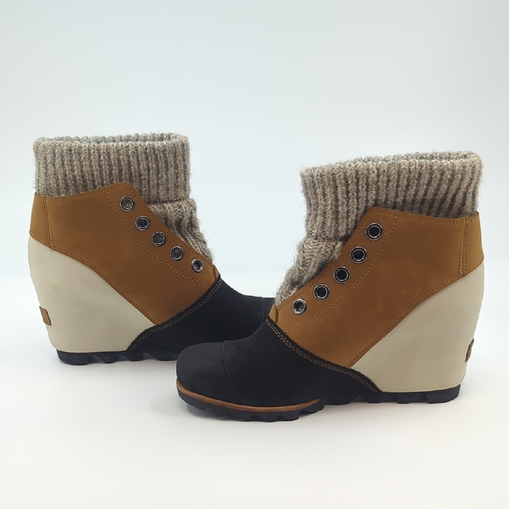SOREL Joanie Sweater Wedge Boots Black, Tan, Cream Chelsea Style Sz 8 - Picture 8 of 10